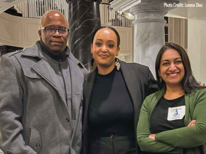 Anthony Muhammad, Yanet Amanuel, and Sonia Kumar stand together in the Maryland chamber houses on the day of a hearing in the House Judiciary Committee for the Maryland Second Look Act.