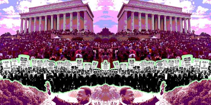 Collage of photos of the Lincoln Memorial and historic photos of the March on Washington and Dr. Martin Luther King, Jr.