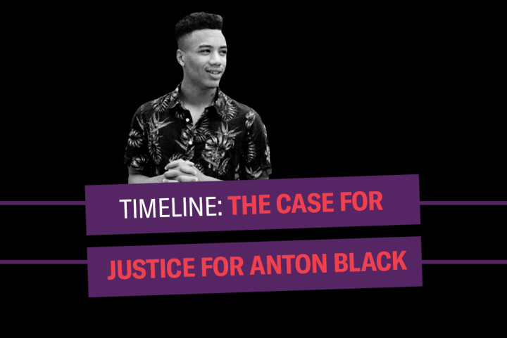 Timeline: The Case for Justice for Anton Black. Black and white photo of Anton Black smiling and looking to the right. Background is black.