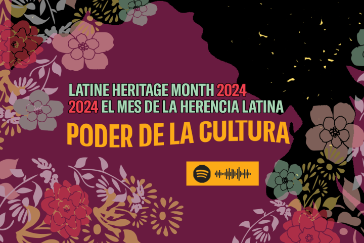Latine Heritage Month 2024 Poder de la Cultura Spotify playlist. The Maryland silhouette is surrounded by colorful flowers.