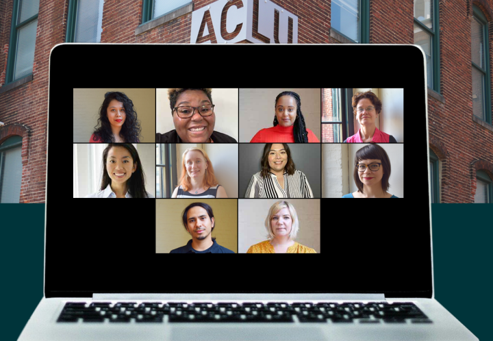 Laptop Zoom meeting showing Neydin Milián, Alicia Smith, Yanet Amanuel, Debbie Jeon, Haowei Tong, Meredith Curtis Goode, Lorena Diaz, Nicole McCann, Frank Patinella, and Jenny Trust. The brick building with ACLU sign is in the background.