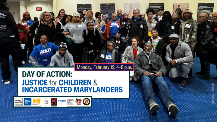 Day of Action: Justice for Children & Incarcerated Marylanders. Monday, February 19, 2024. Group photo of advocates and directly impacted Marylanders in Annapolis on Lobby Night for 2024 Maryland Legislative session. 