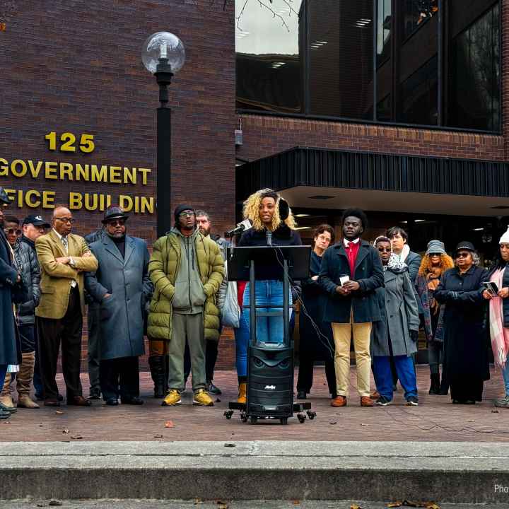 Group photo at a press conference in front of a courthouse for the Wicomico voting rights case.