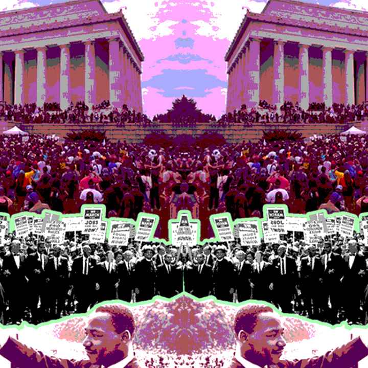 Collage of photos of the Lincoln Memorial and historic photos of the March on Washington and Dr. Martin Luther King, Jr.