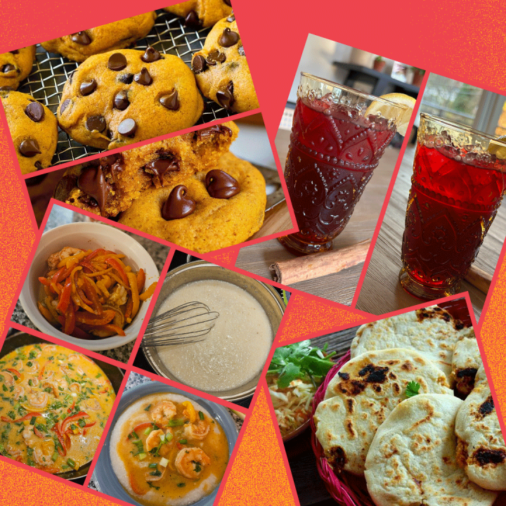 Collage of recipes over a sparkly red and orange gradient background.