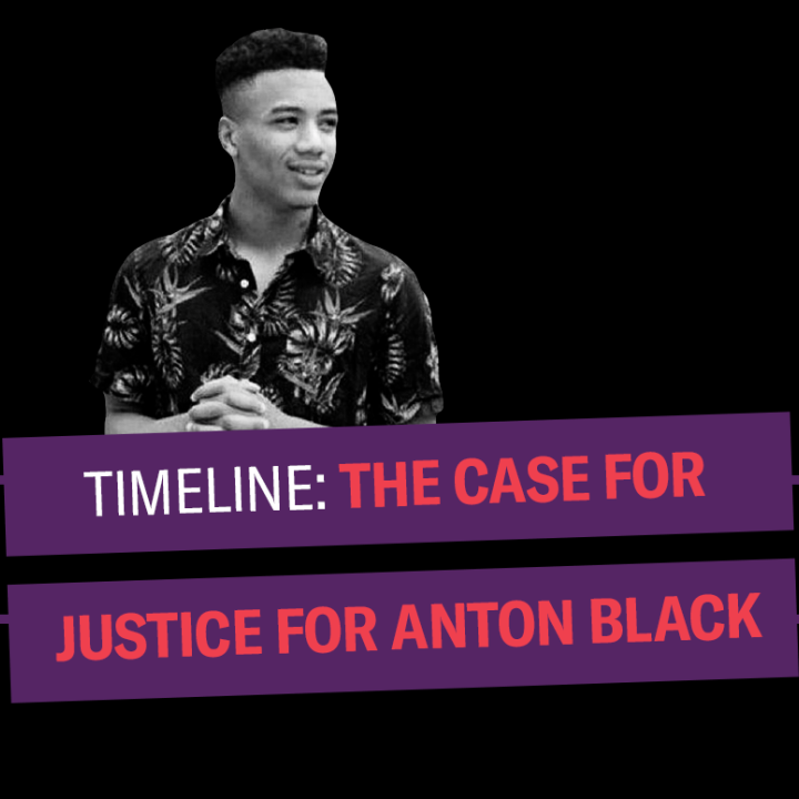 Timeline: The Case for Justice for Anton Black. Black and white photo of Anton Black smiling and looking to the right. Background is black.
