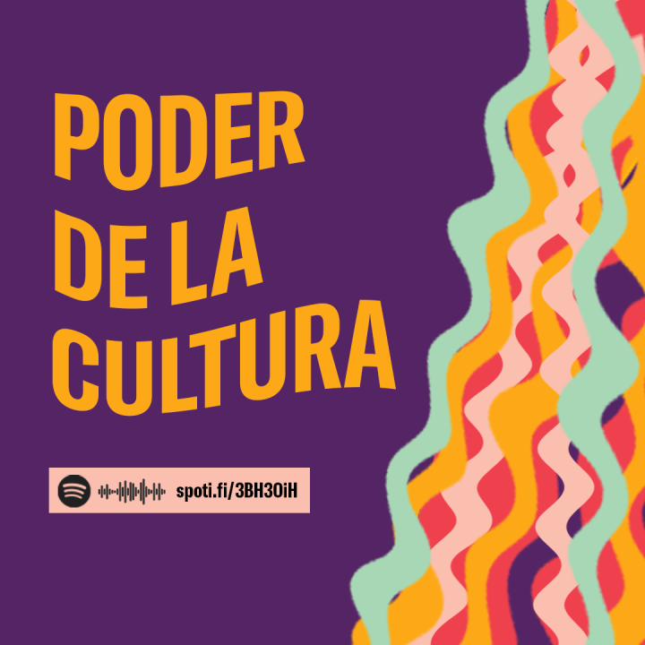Poder de la Cultura. Wavy words and wavy colorful lines. Spotify logo, wafeform, and short link.