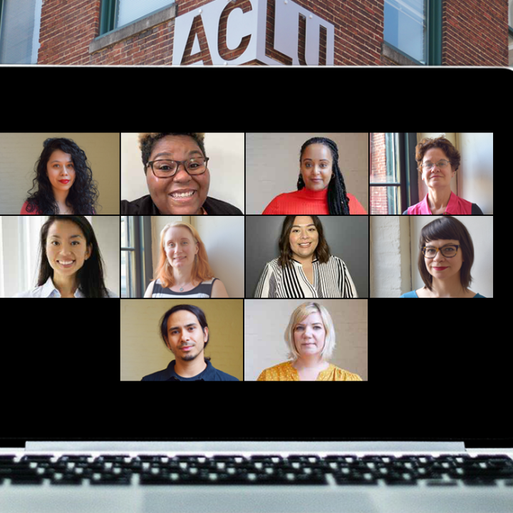 Laptop Zoom meeting showing Neydin Milián, Alicia Smith, Yanet Amanuel, Debbie Jeon, Haowei Tong, Meredith Curtis Goode, Lorena Diaz, Nicole McCann, Frank Patinella, and Jenny Trust. The brick building with ACLU sign is in the background.