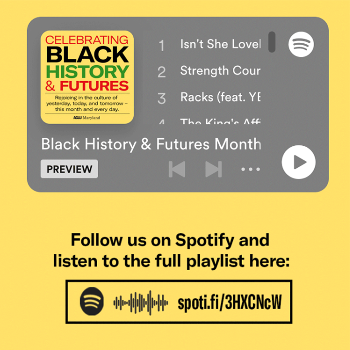 Celebrating Black History & Futures. Spotify playlist embed on right side. Follow us on Spotify and listen to the full playlist there.