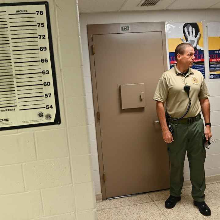 Assistant Warden Major Mike Cronise stands in the Immigration and Customs Enforcement facility at the Frederick County Detention Center on June 28 in Frederick. (Ricky Carioti/The Washington Post)