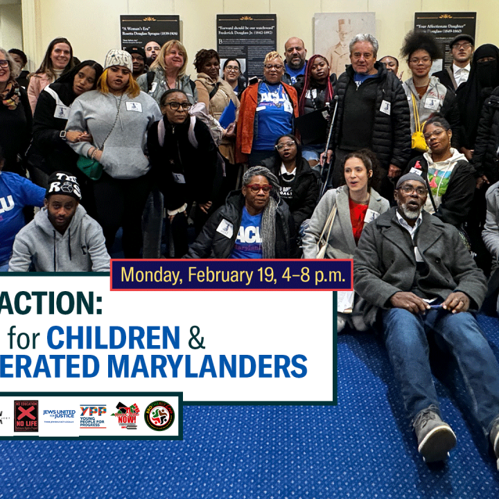 Day of Action: Justice for Children & Incarcerated Marylanders. Monday, February 19, 2024. Group photo of advocates and directly impacted Marylanders in Annapolis on Lobby Night for 2024 Maryland Legislative session. 