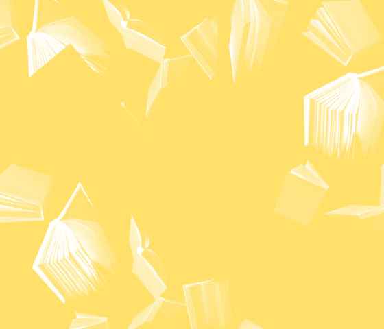 Yellow background with white books floating around.