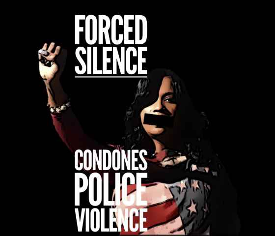 Forced Silence Condones Police Violence - Image of a black woman wrapped in american flag