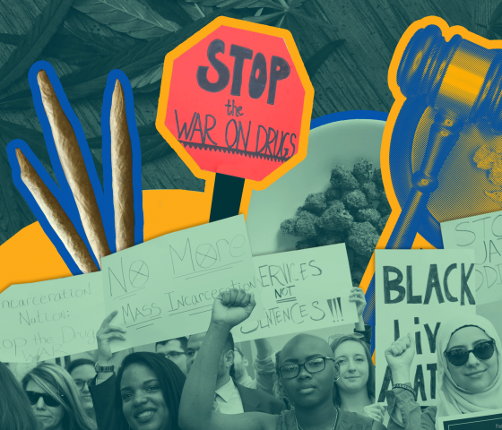 Collage with group photo of protesters advocating for the end of the "war on drugs." The center is a Black person with their fist raised, looking at the camera. The protesters are holding signs. Cutouts of marijuana are in the image.