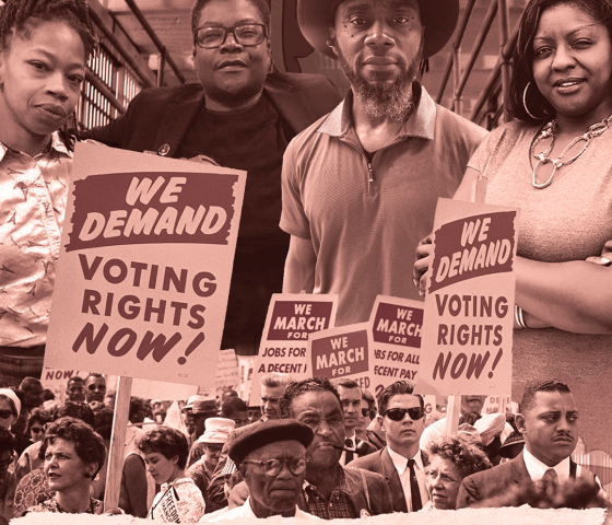 Free the Vote documentary poster section with pictures of Nicole Hanson Mundell, Monica Cooper, Earl Young, and Qiana Johnson. They are pictured above a historic image of a voting rights march from the Civil Rights Movement. The title is at the bottom.
